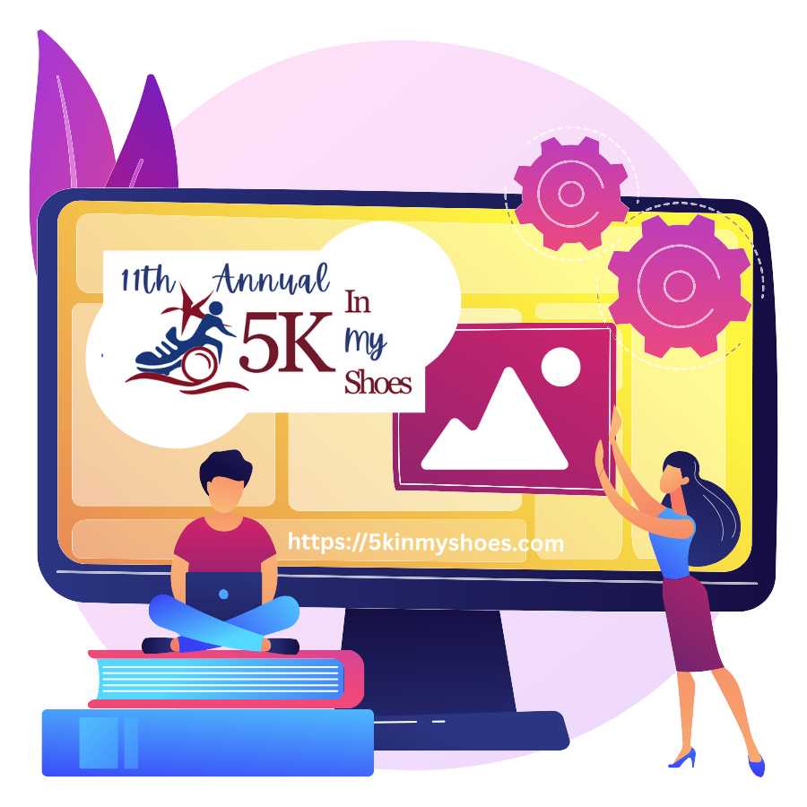 Animated graphic of a computer monitor depicting two people working on edits, displayed on the monitor is the 11th Annual 5K In My Shoes logo and website.