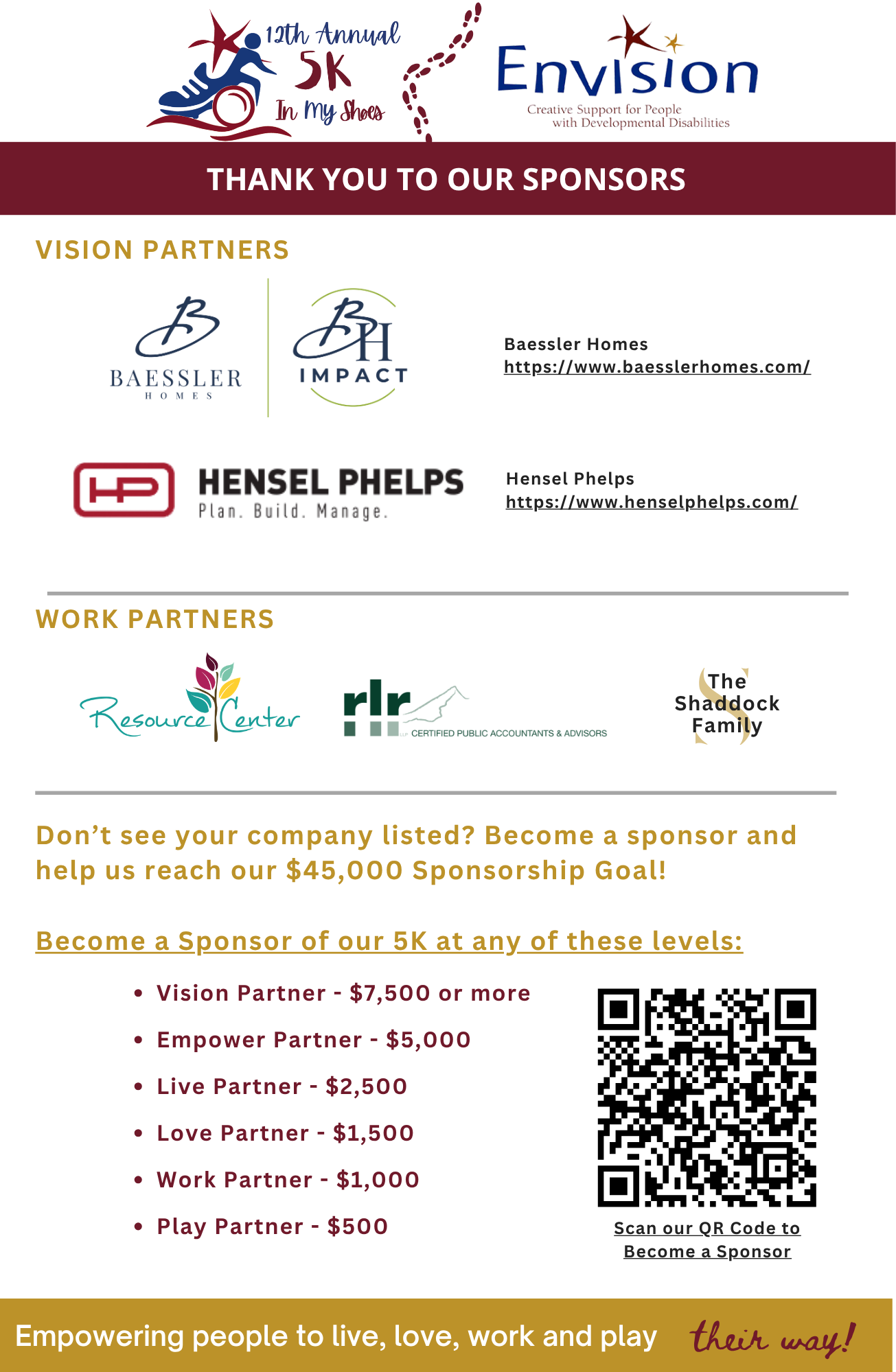 Sponsorship acknowledgement for: Vision Partners: Baessler Homes, Hensel Phelps. Work Partners: The Resource Center, RLR LLP; The Shaddock Family, 